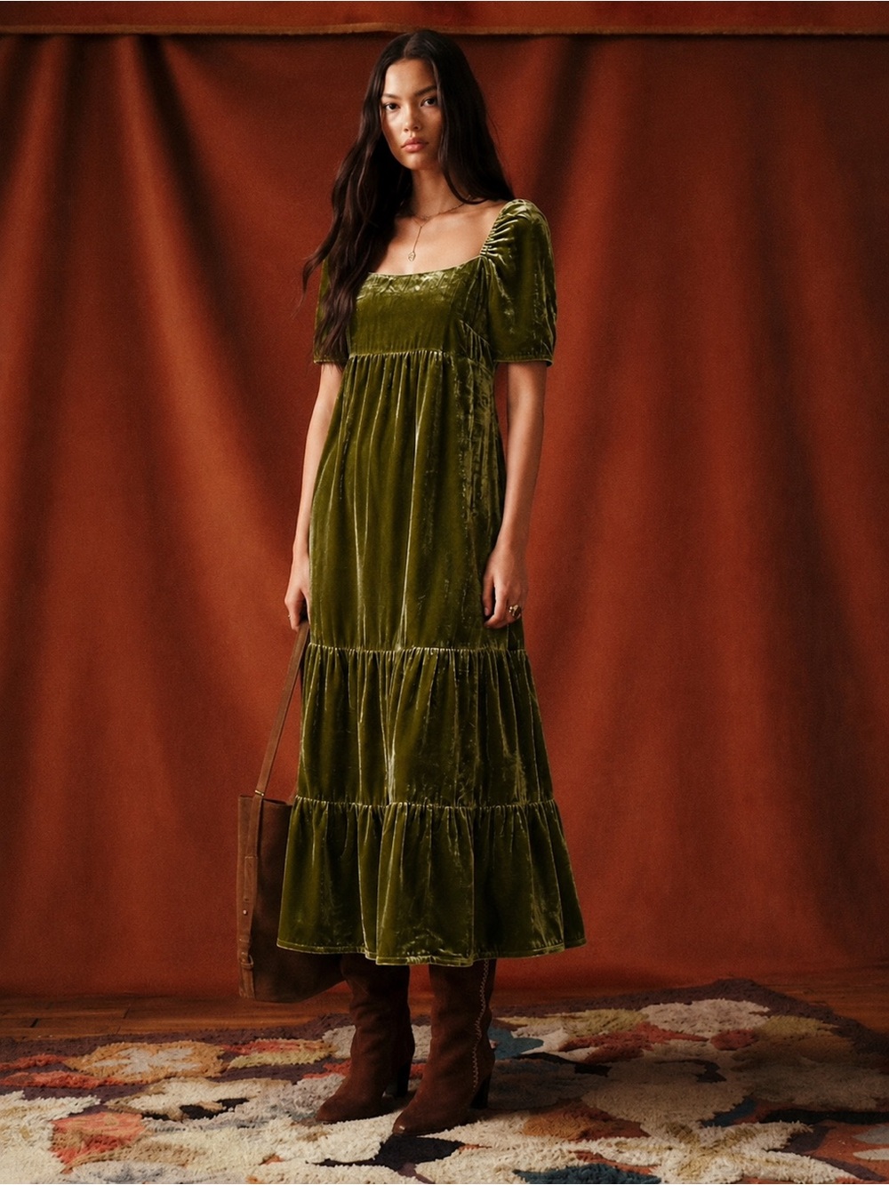 Anthropologie | Olive Green Velvet Tiered Empire Waist Midi Dress Puff Sleeves 2